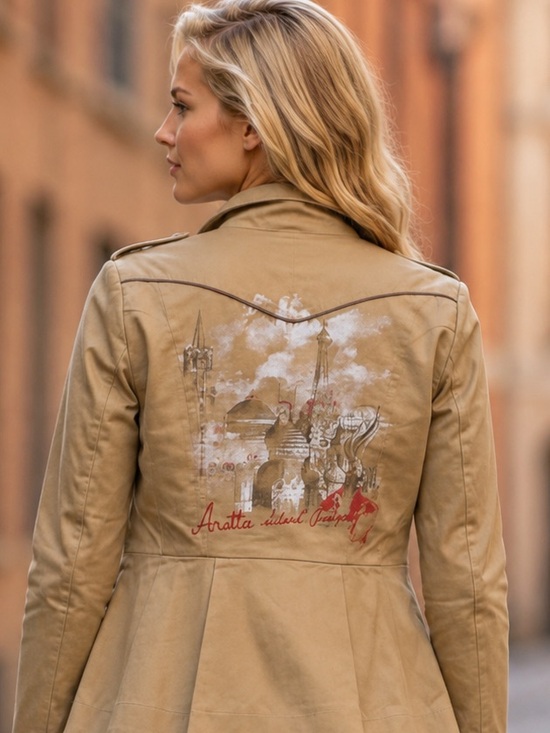 Aratta Jackets & Blazers - Aratta Tan Peplum Jacket with Artistic Back Motif Large